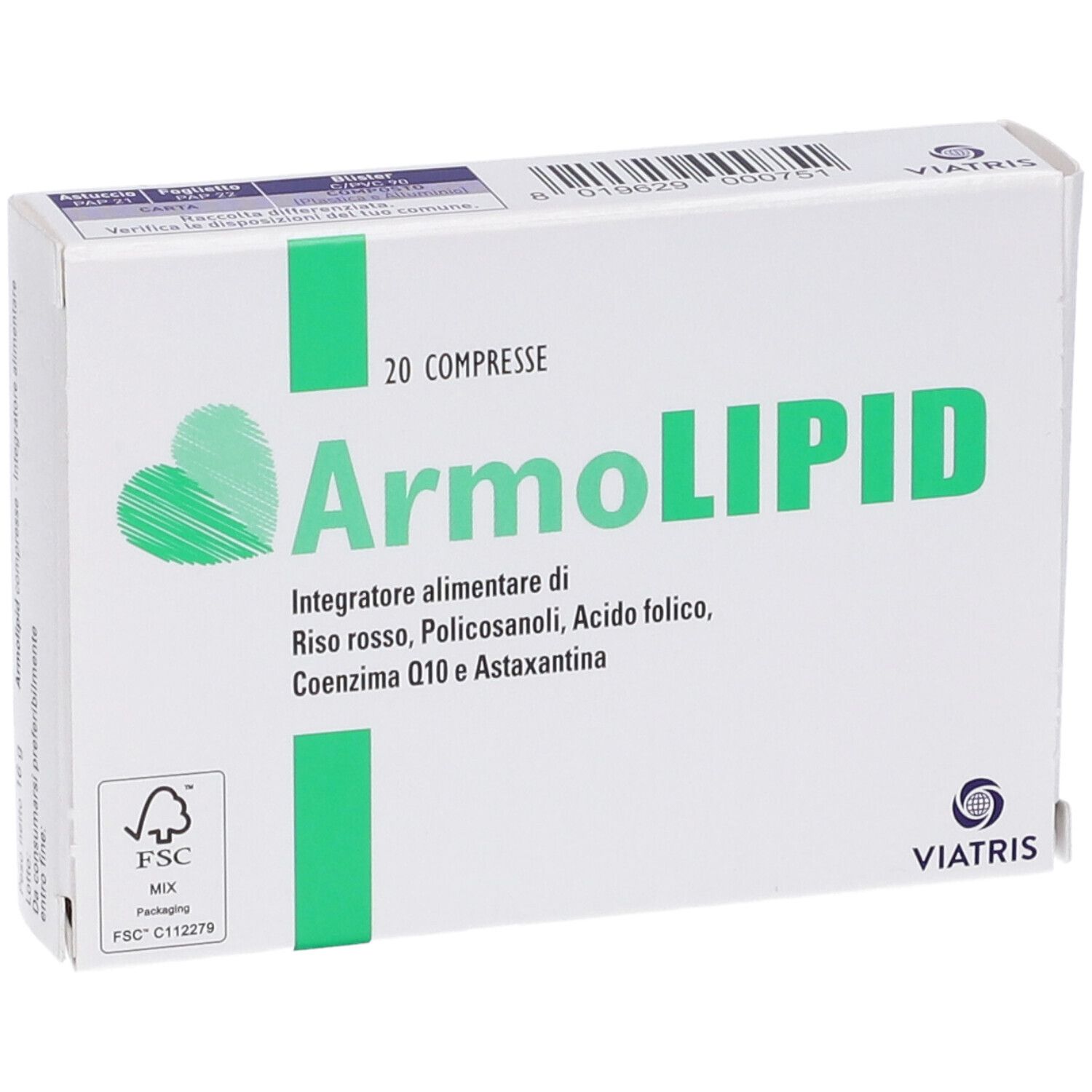 Schachtel mit ArmoLIPID Tabletten. 20 Tabletten. Inhaltsstoffe: Roter Reis, Policosanole, Folsäure, Coenzym Q10 und Astaxanthin.