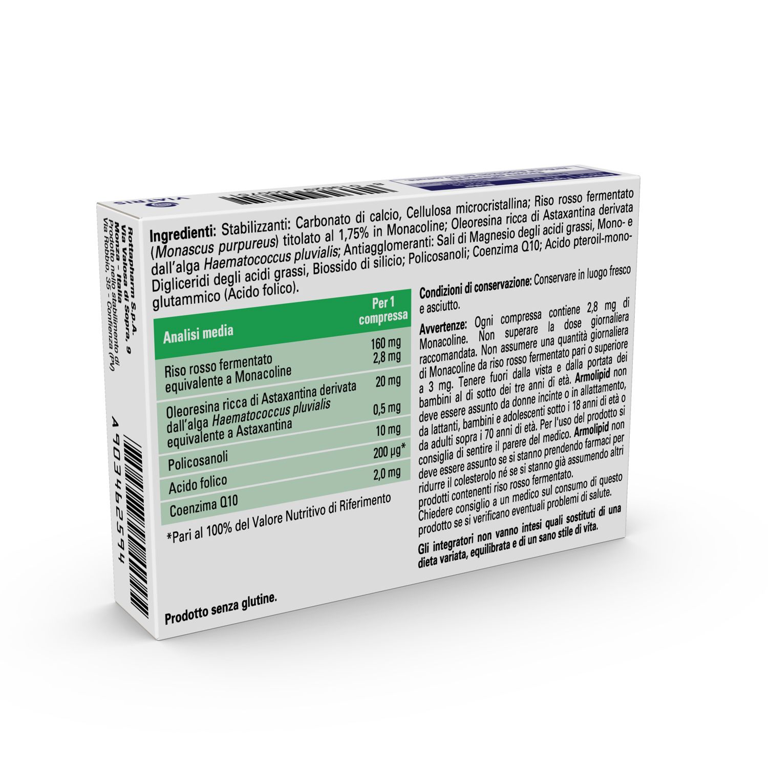 Rückseite der ArmoLIPID Tabletten-Verpackung. Inhaltsstoffe, Nährwertangaben und Warnhinweise sind angegeben.