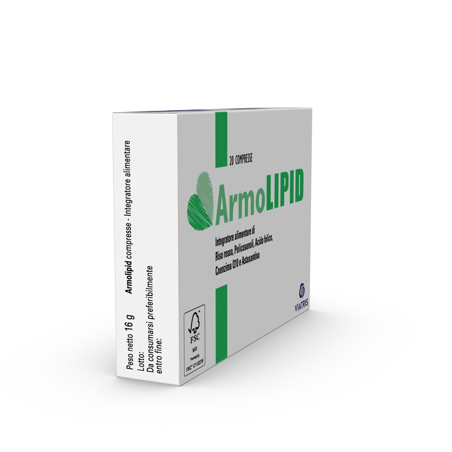 Schachtel mit ArmoLIPID Tabletten. 20 Tabletten. FSC-Zertifizierung. Gewicht: 16 g.