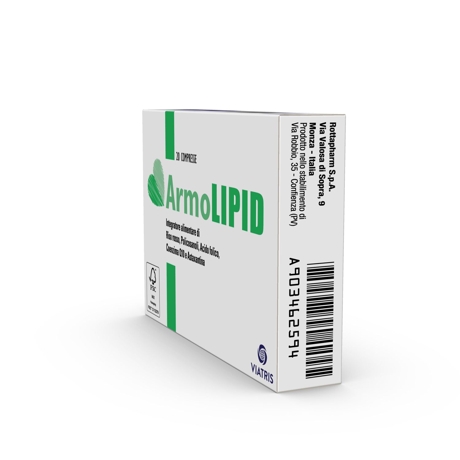 Schachtel mit ArmoLIPID Tabletten. 20 Tabletten. Herstellerinformationen und Barcode.
