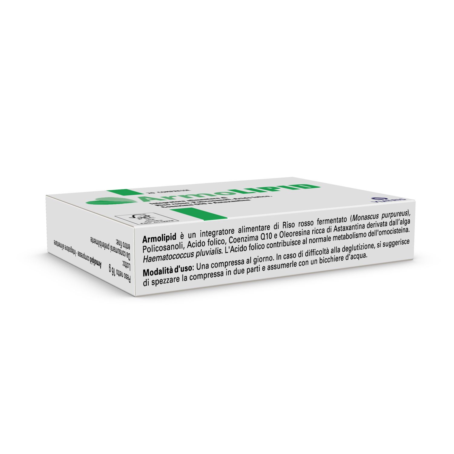 Schachtel mit ArmoLIPID Tabletten. 20 Tabletten. Gebrauchsanweisung auf der Verpackung.