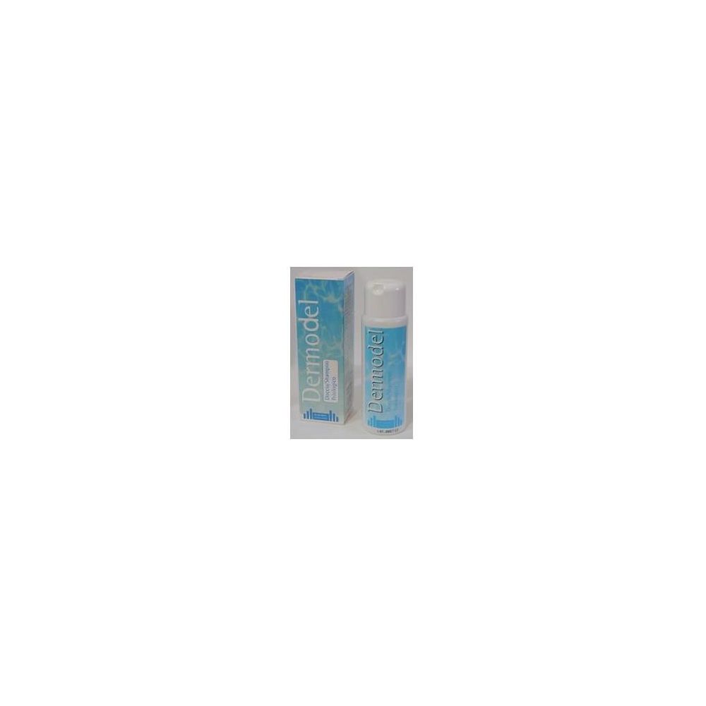 Confezione e flacone. Scritta "Dermodel". Flacone con tappo bianco ed etichetta blu. Scatola con sfondo blu.