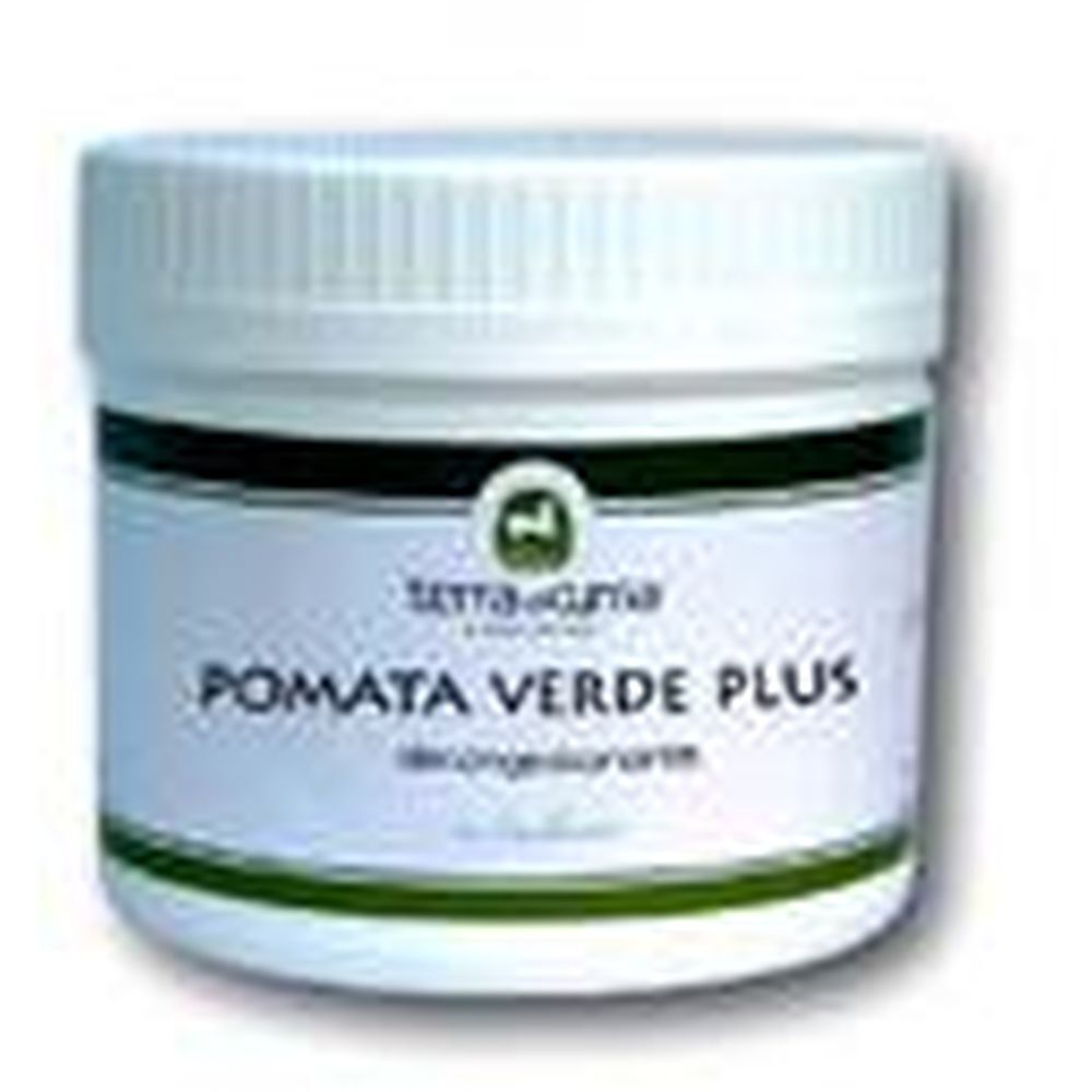 Vaso bianco con fascia verde. Scritta: POMATA VERDE PLUS. Marchio: terra di cuma.