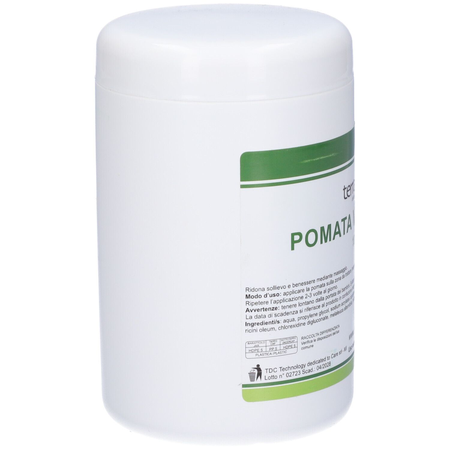 Contenitore bianco con fascia verde. Scritta: POMATA VERDE PLUS. Marchio: terra di cuma.