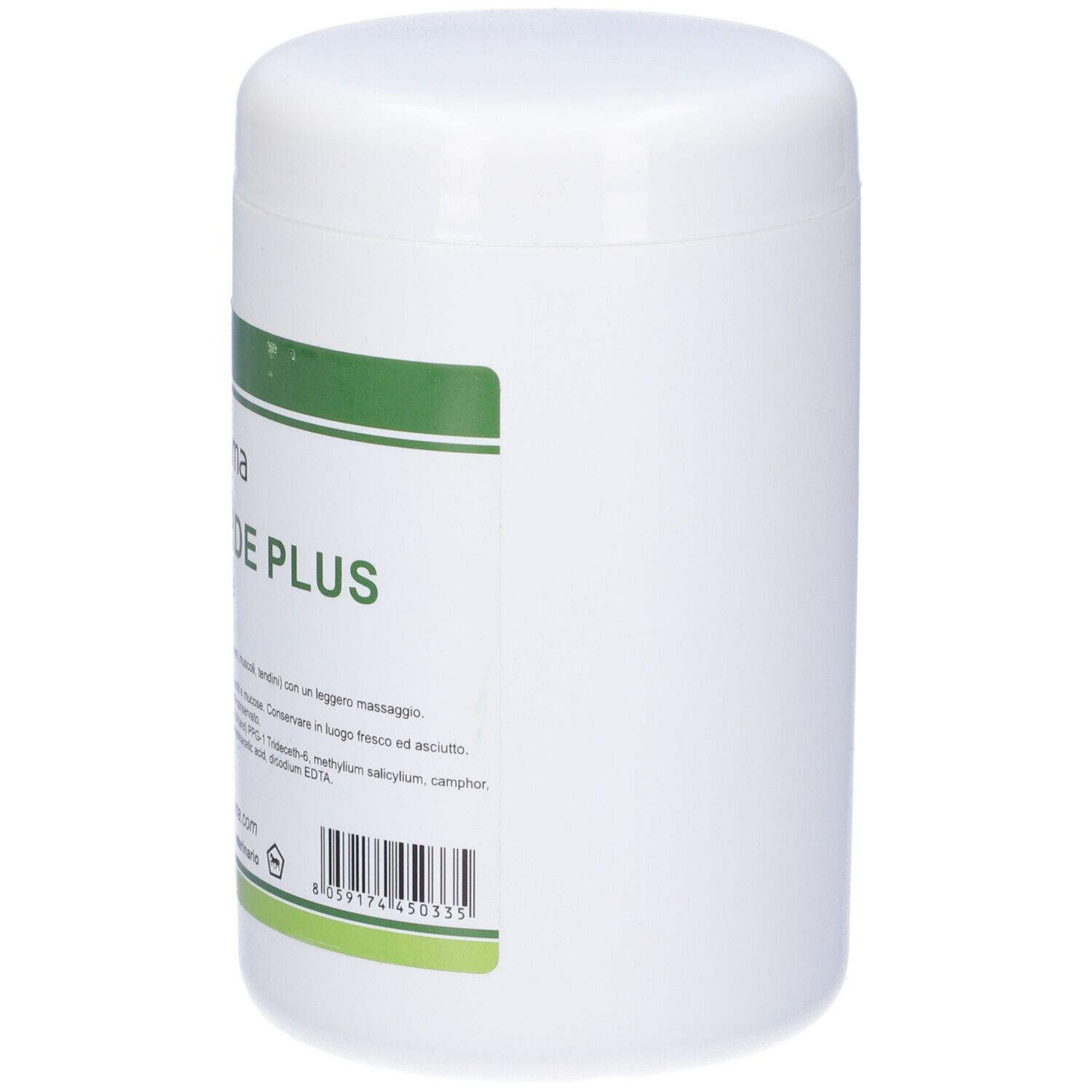 Contenitore bianco con fascia verde. Scritta: POMATA VERDE PLUS. Marchio: terra di cuma.
