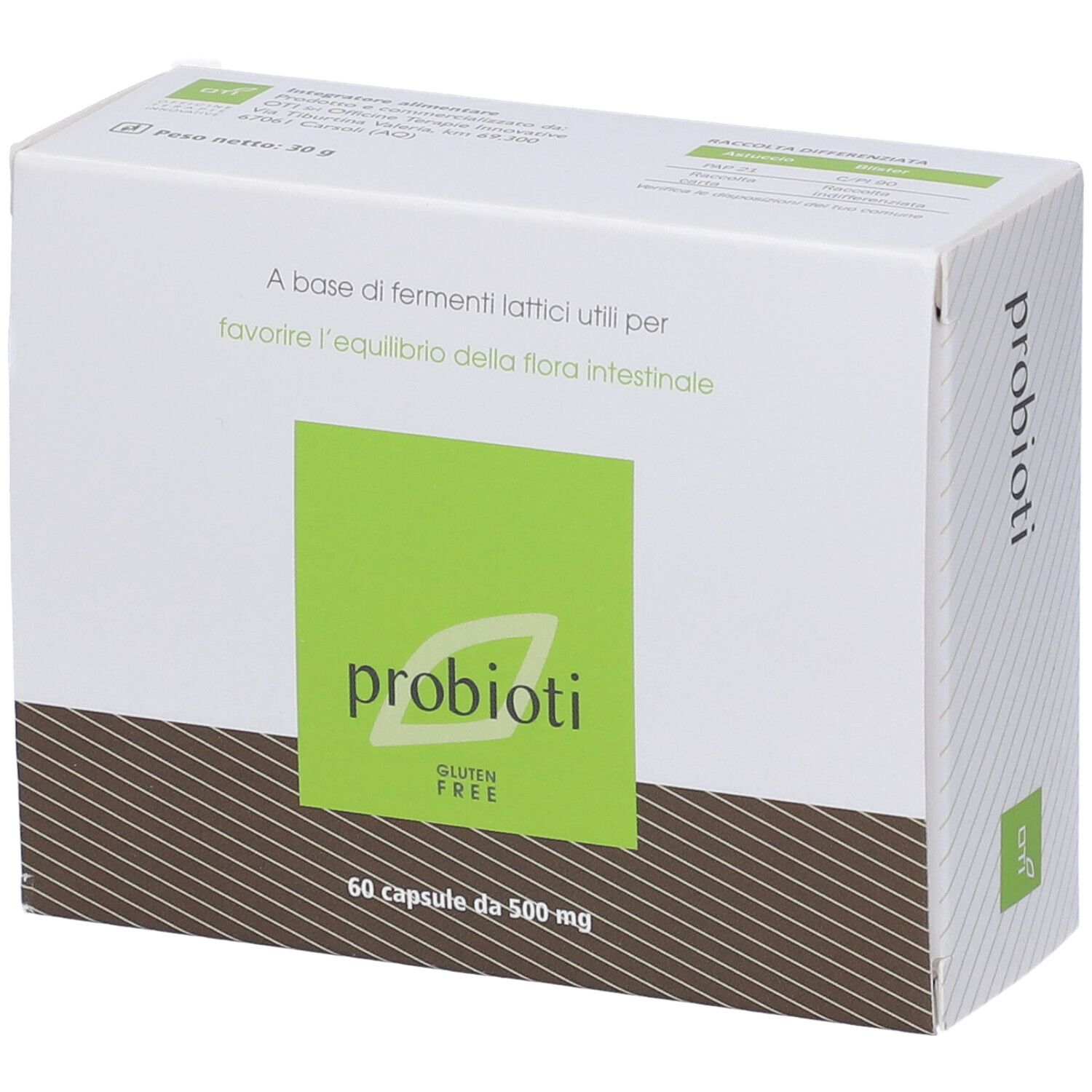 Scatola "probioti" con logo e riquadro verde. Contiene 60 capsule. Senza glutine.