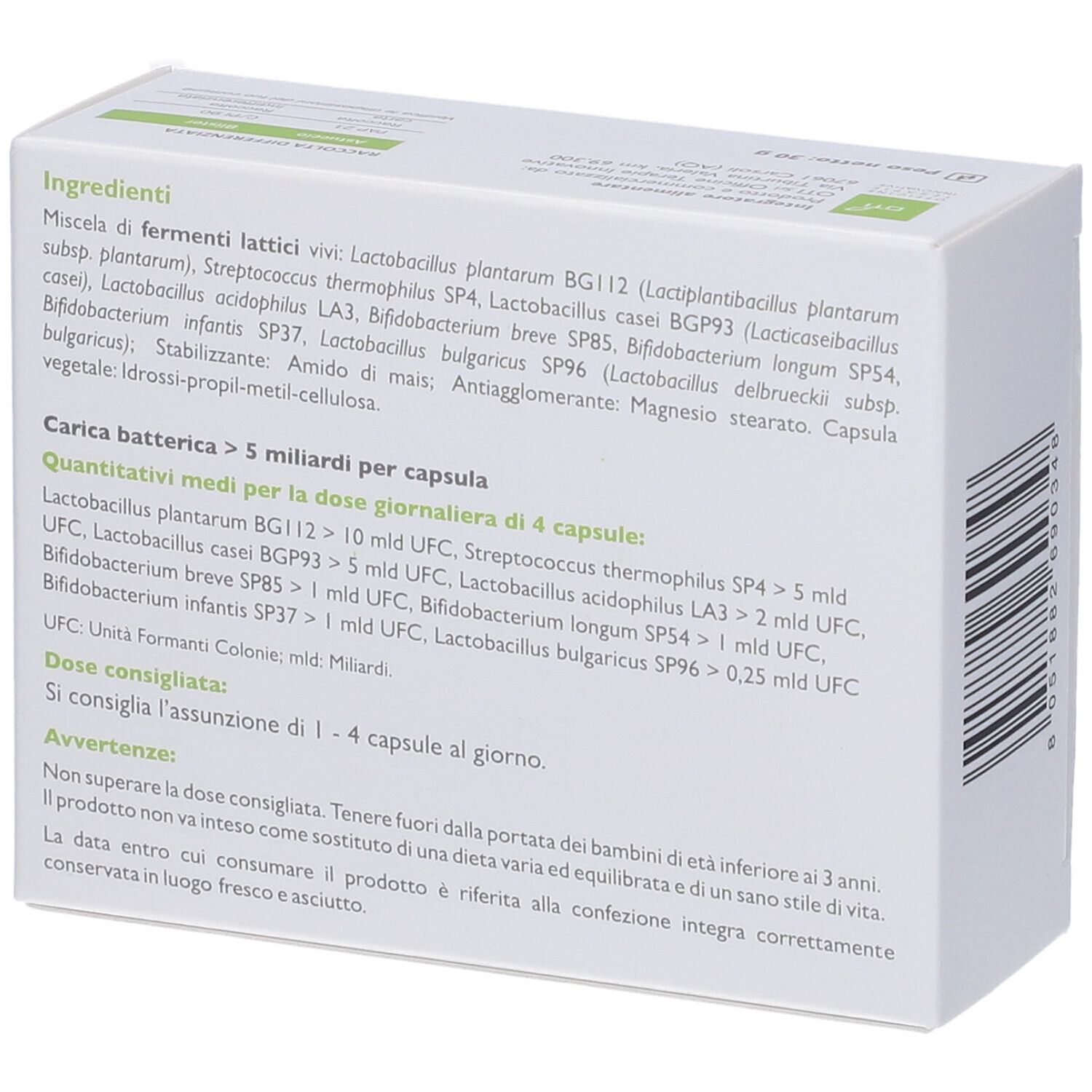 Retro della confezione "probioti". Contiene informazioni su ingredienti, dosaggio e avvertenze.