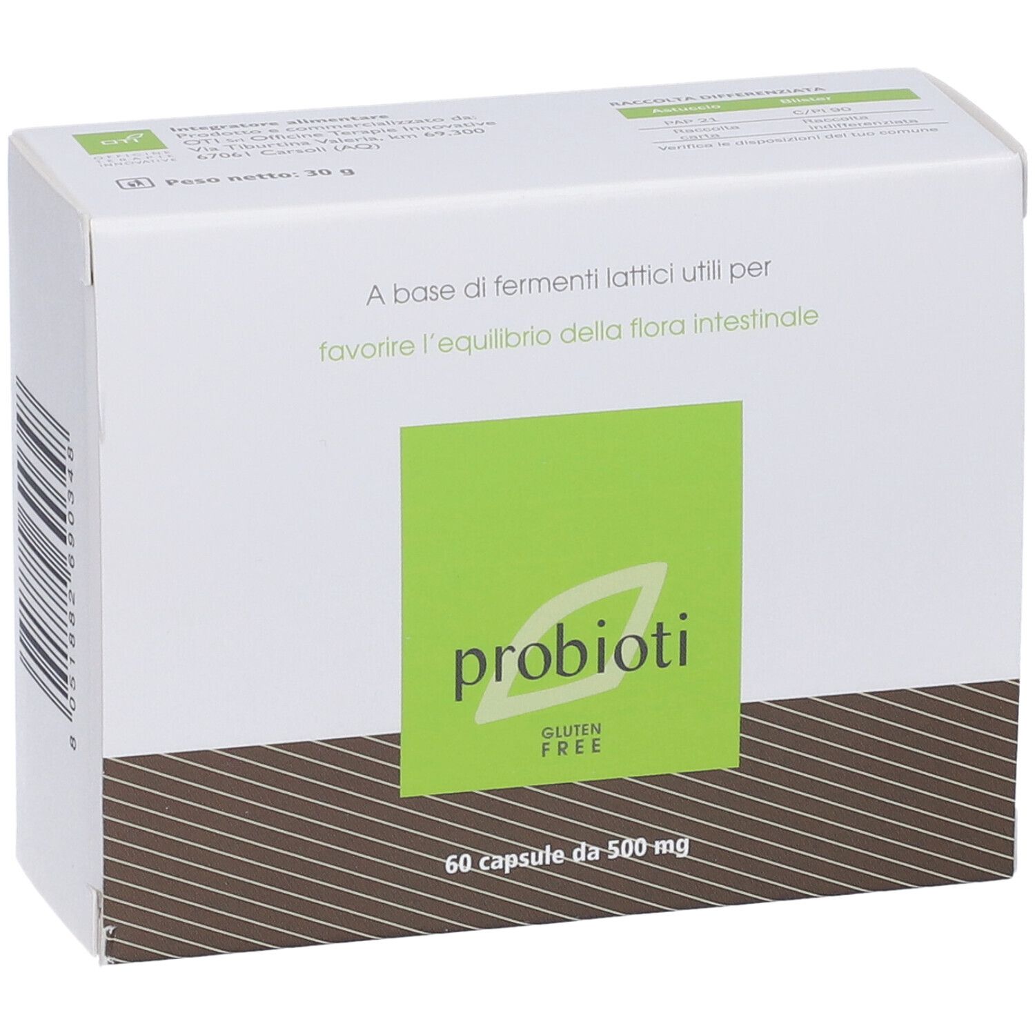 Scatola "probioti" con logo e riquadro verde. Contiene 60 capsule. Senza glutine.