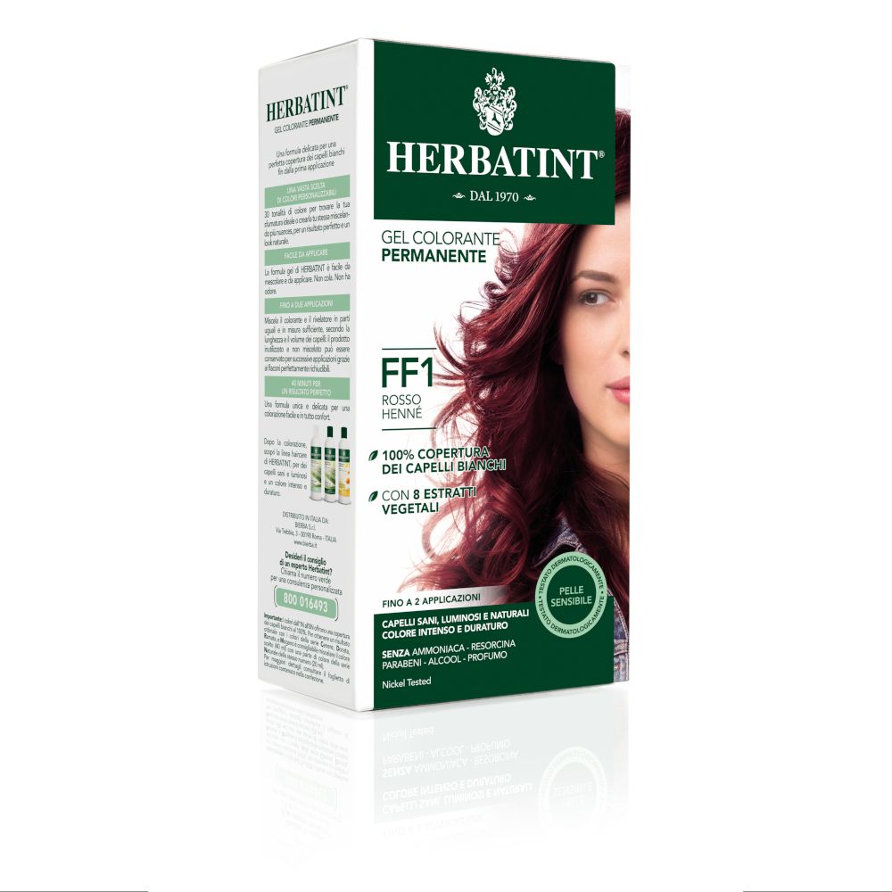 HERBATINT® FF1 Henna-Rot. Boîte avec image du produit et texte. Design blanc et vert avec visage de femme.