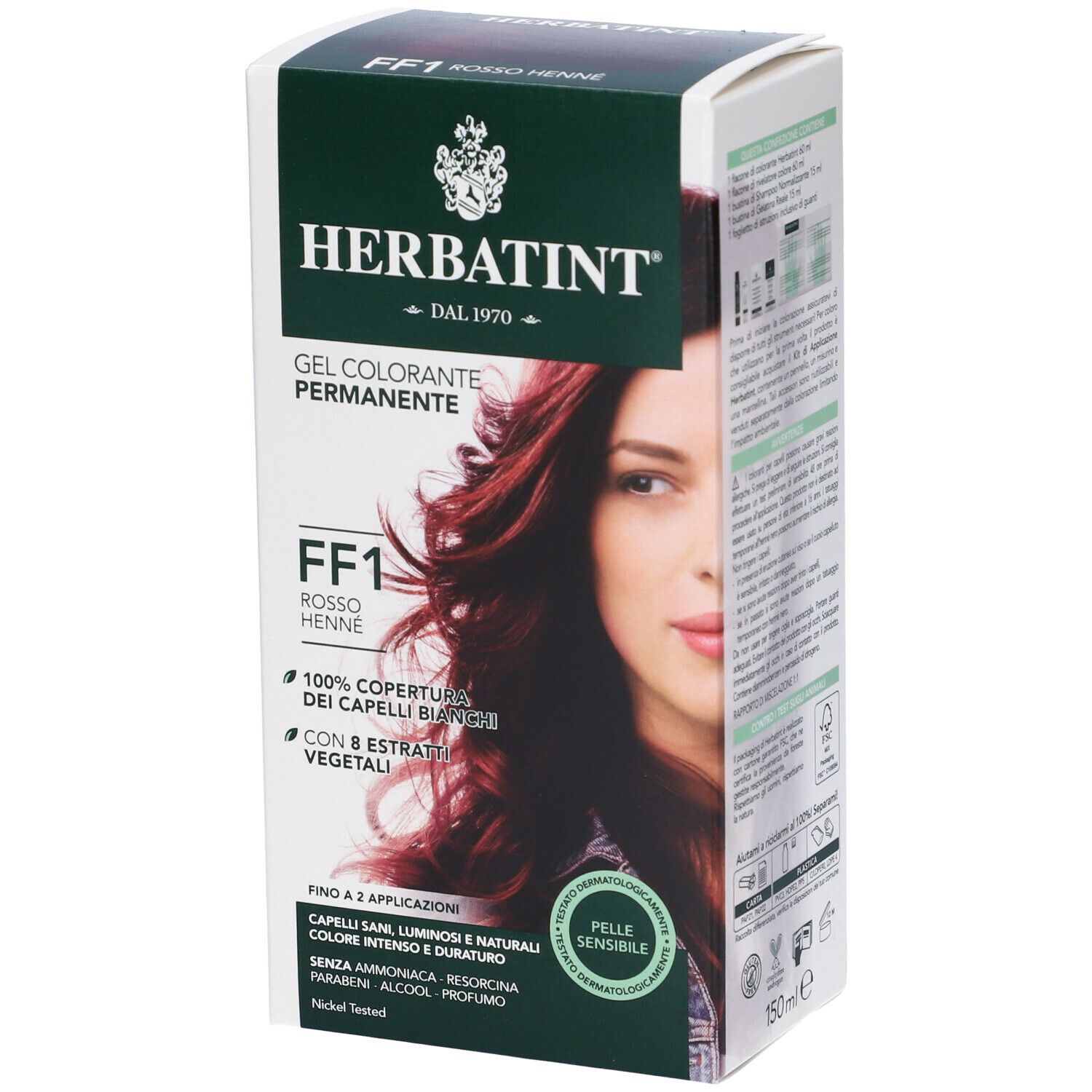 HERBATINT® FF1 Henna-Rot. Boîte avec image du produit et texte. Design blanc et vert avec visage de femme.