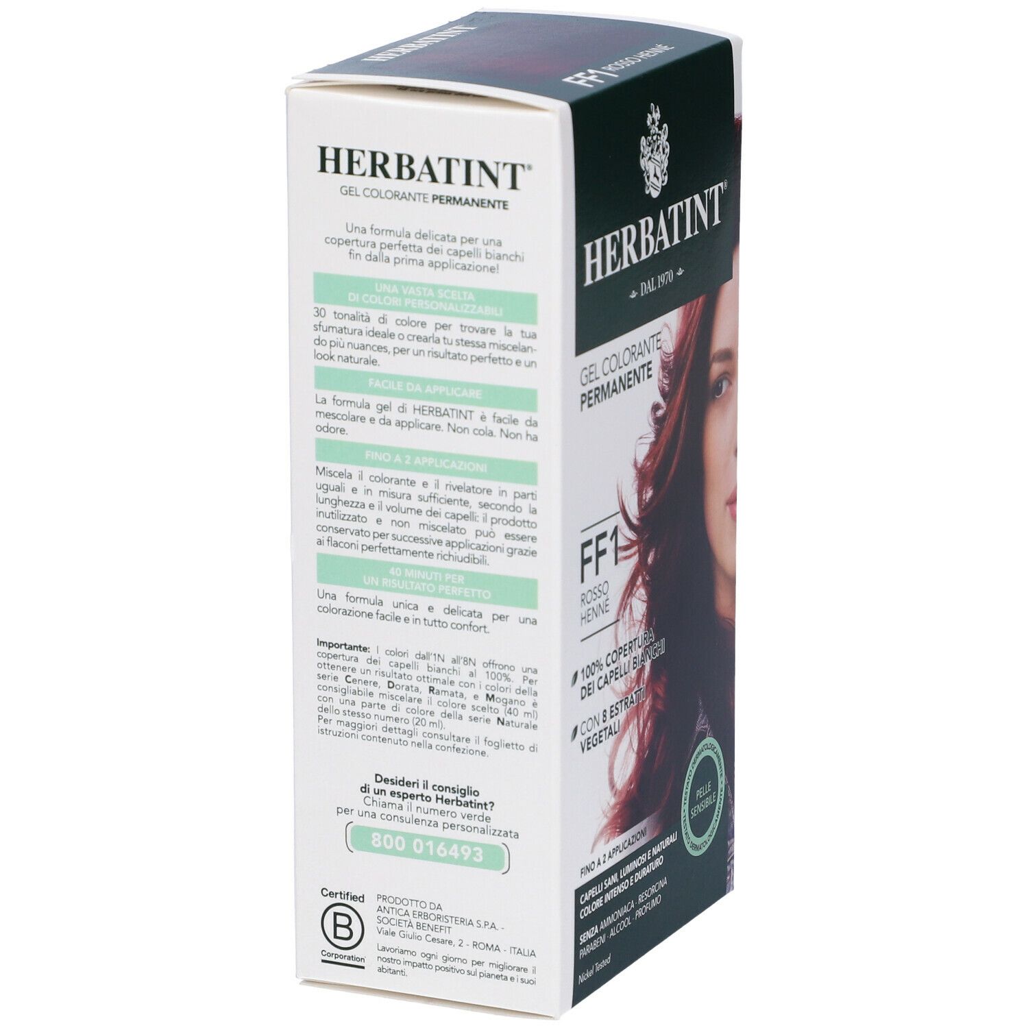 HERBATINT® FF1 Henna-Rot. Boîte avec texte et image du produit. Design blanc et vert.