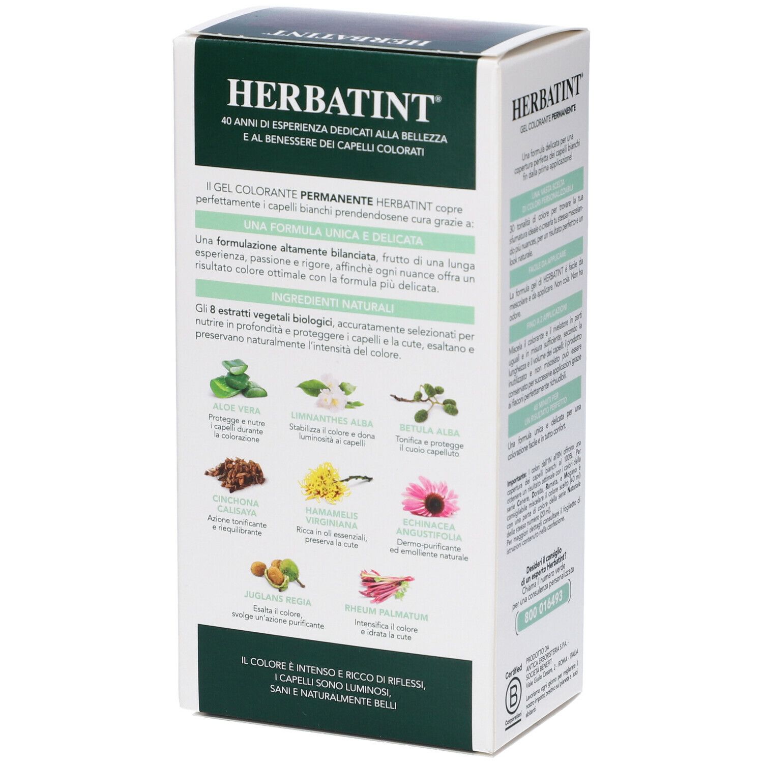 HERBATINT® FF1 Henna-Rot. Boîte avec ingrédients et texte. Design blanc et vert avec illustrations.