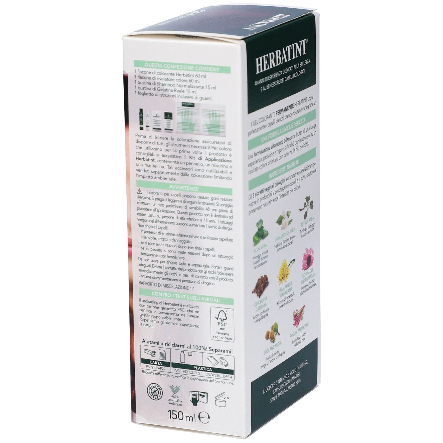 HERBATINT® FF1 Henna-Rot. Boîte avec instructions d'utilisation et texte. Design blanc et vert.