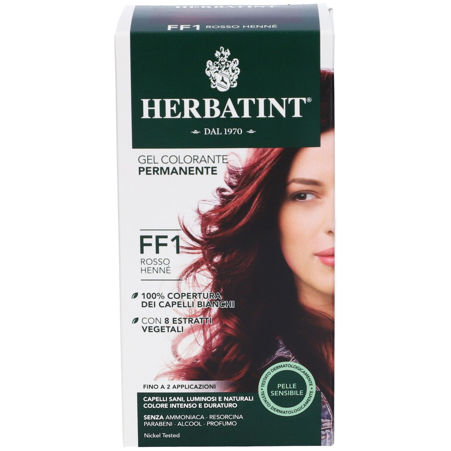 HERBATINT® FF1 Henna-Rot. Boîte avec image du produit et texte. Design blanc et vert avec visage de femme.