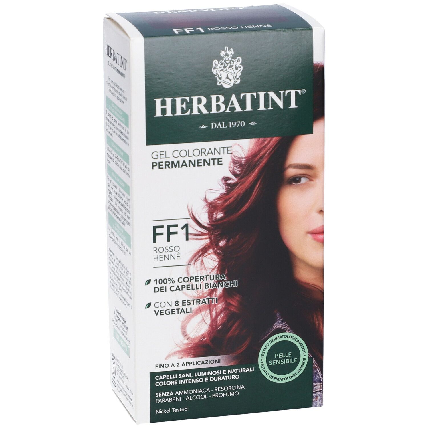 HERBATINT® FF1 Henna-Rot. Boîte avec image du produit et texte. Design blanc et vert avec visage de femme.
