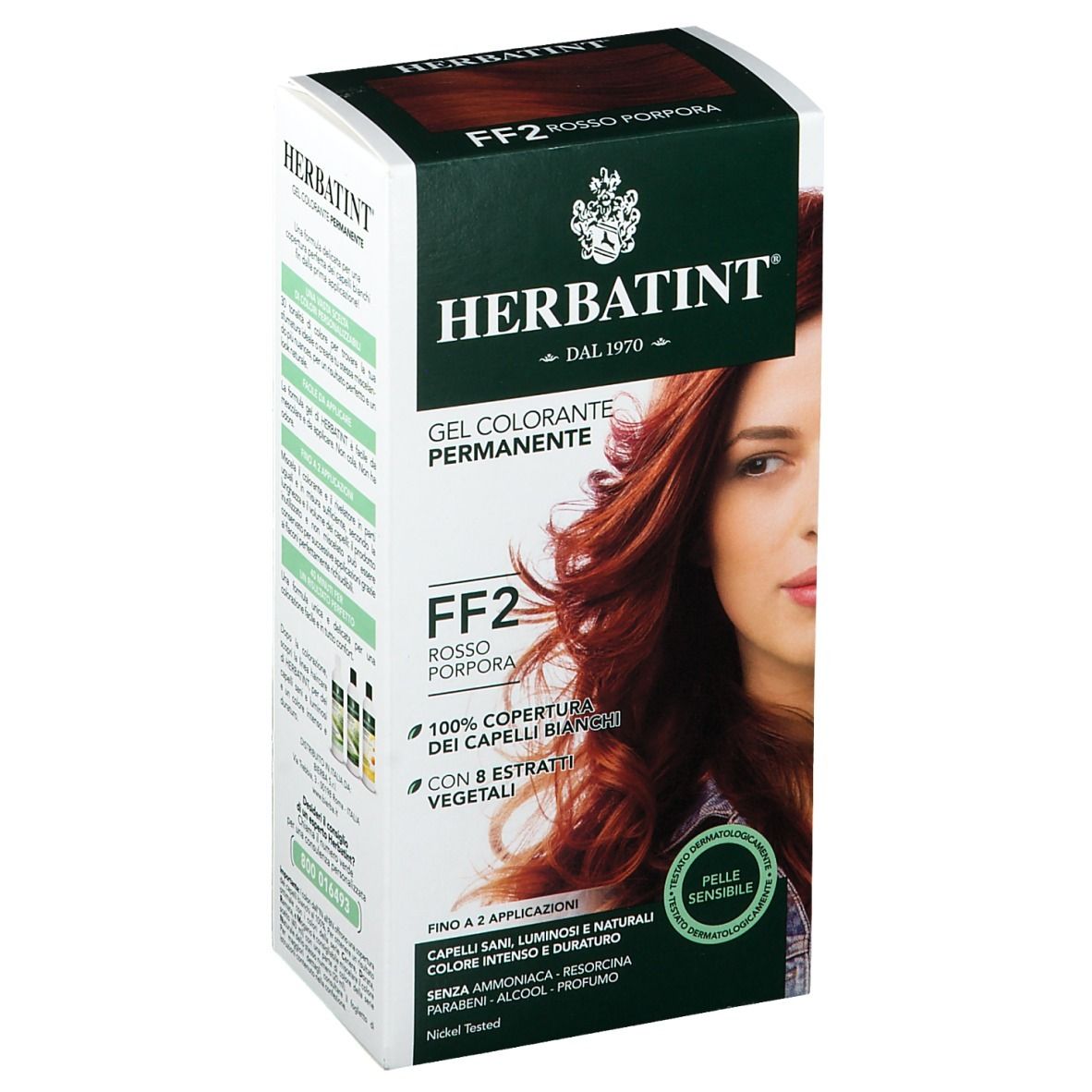 HERBATINT® FF2 Rouge-Violet. Gel colorant permanent. Boîte avec femme et cheveux rouges.