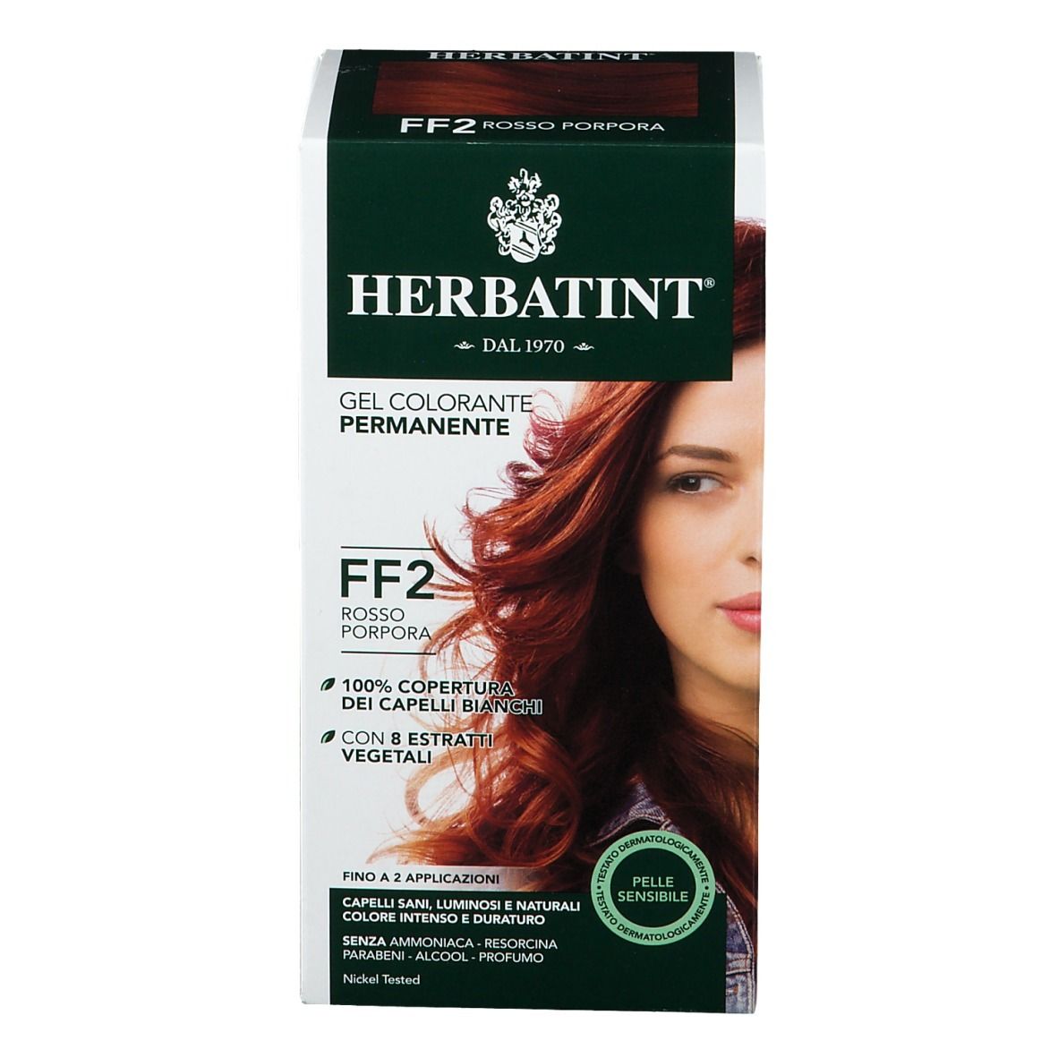 HERBATINT® FF2 Rouge-Violet. Gel colorant permanent. Boîte avec femme et cheveux rouges.