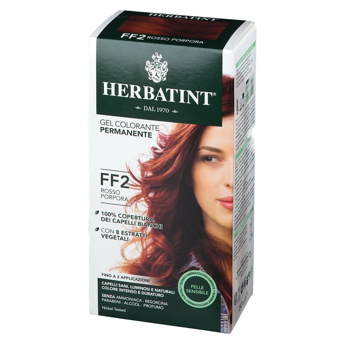 HERBATINT® FF2 Rouge-Violet. Gel colorant permanent. Boîte avec femme et cheveux rouges.