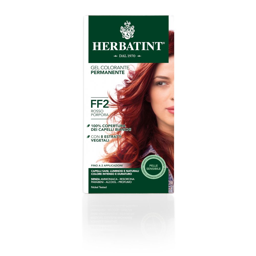 HERBATINT® FF2 Rouge-Violet. Gel colorant permanent. Boîte avec femme et cheveux rouges.