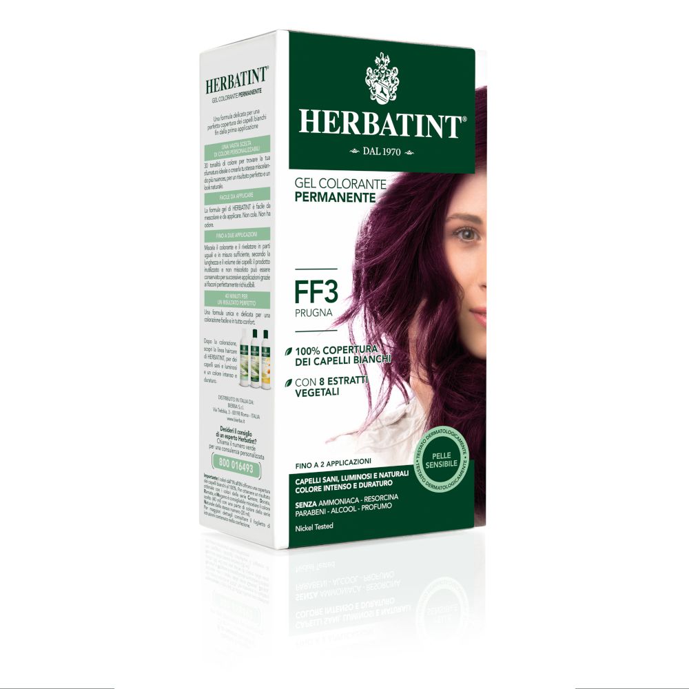 HERBATINT® FF3 Prugna. Gel colorante permanente. Copertura 100% capelli bianchi. Con 8 estratti vegetali. Pelle sensibile.