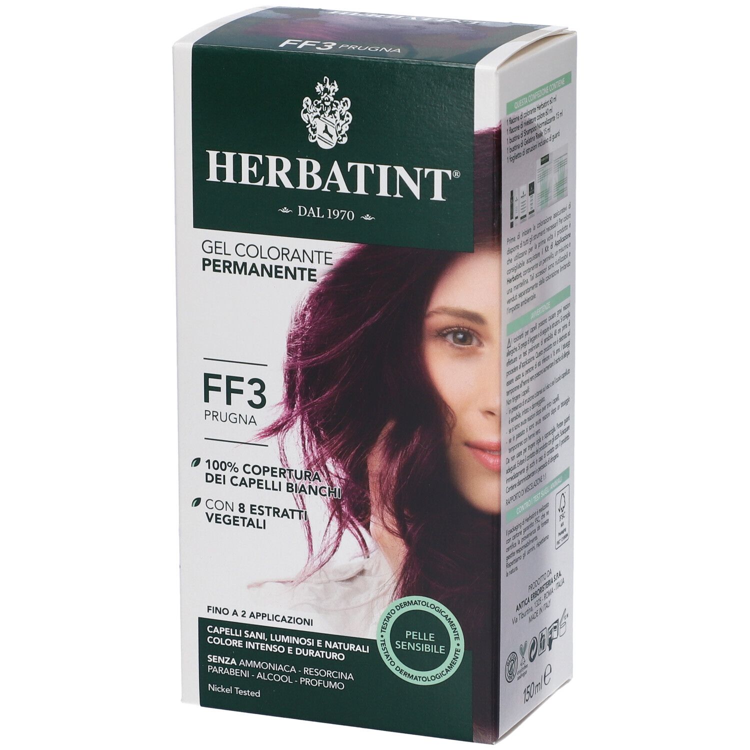 HERBATINT® FF3 Prugna. Gel colorante permanente. Copertura 100% capelli bianchi. Con 8 estratti vegetali. Pelle sensibile.