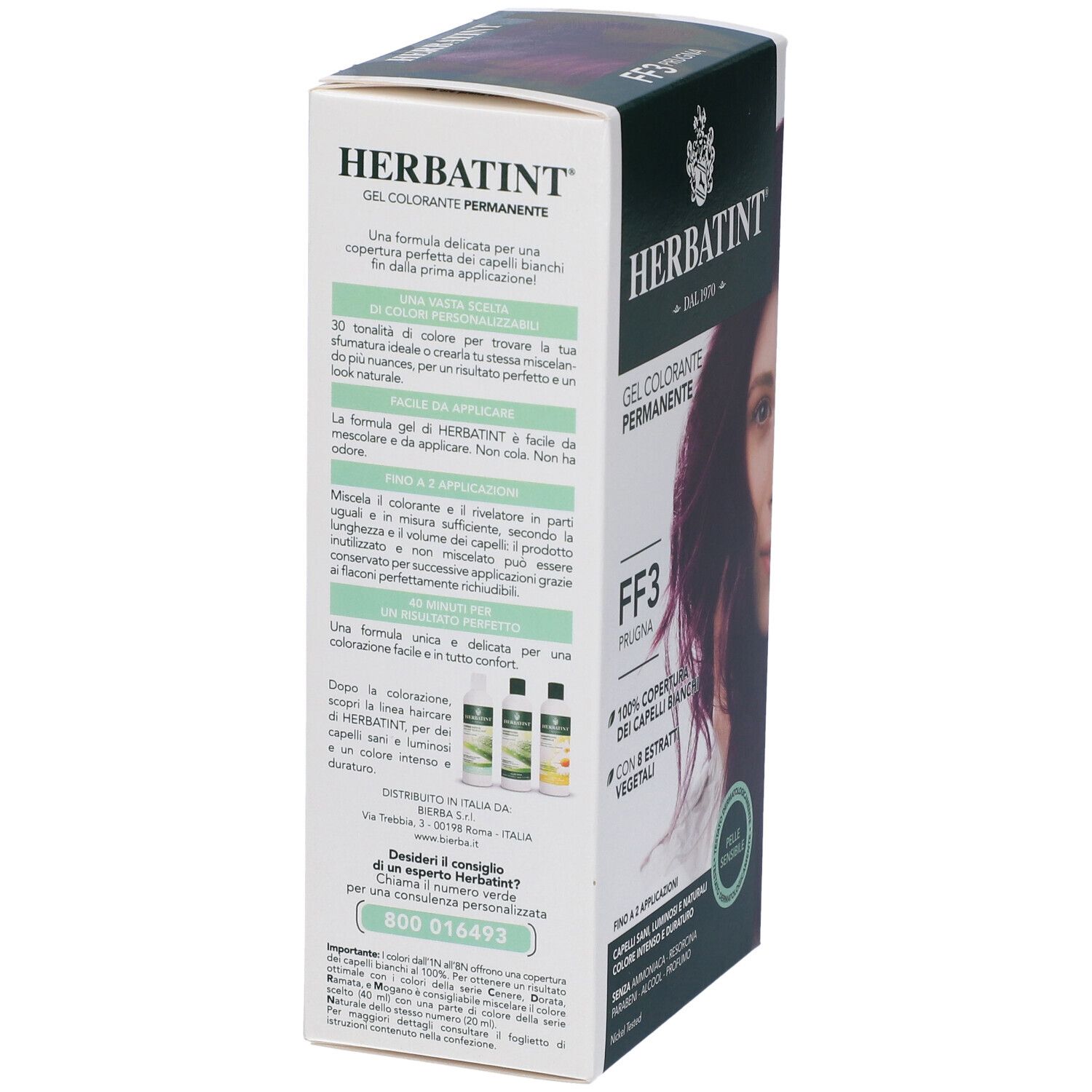 Confezione HERBATINT®. Informazioni sul prodotto sul retro. Gel colorante permanente. 150ml. Ingredienti e utilizzo.