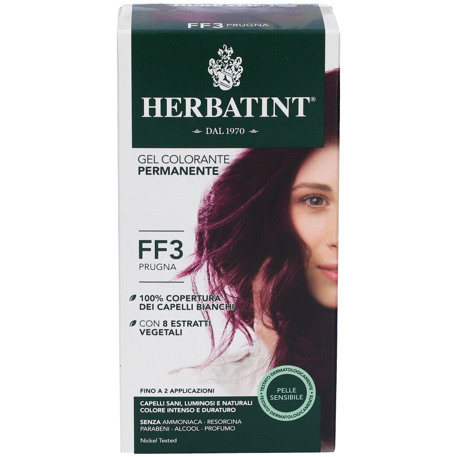 HERBATINT® FF3 Prugna. Gel colorante permanente. Copertura 100% capelli bianchi. Con 8 estratti vegetali. Pelle sensibile.