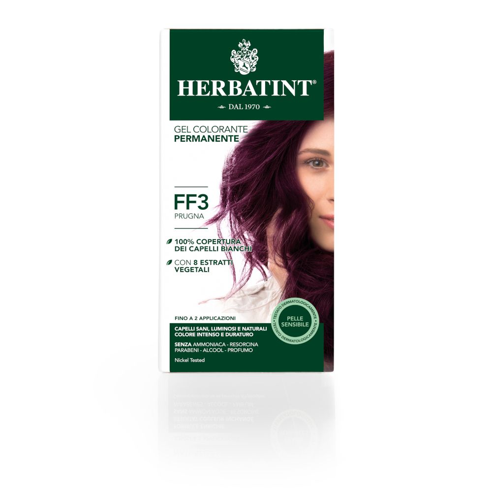 HERBATINT® FF3 Prugna. Gel colorante permanente. Copertura 100% capelli bianchi. Con 8 estratti vegetali. Pelle sensibile.