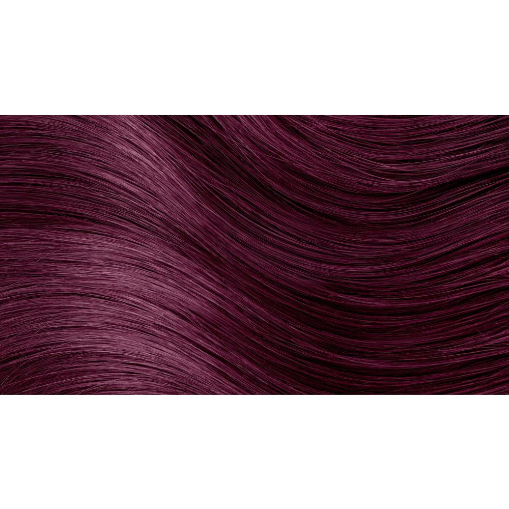 Ciocche di capelli color prugna. Tonalità. Superficie liscia e lucida. Sfumatura. Nessuna informazione sul prodotto.