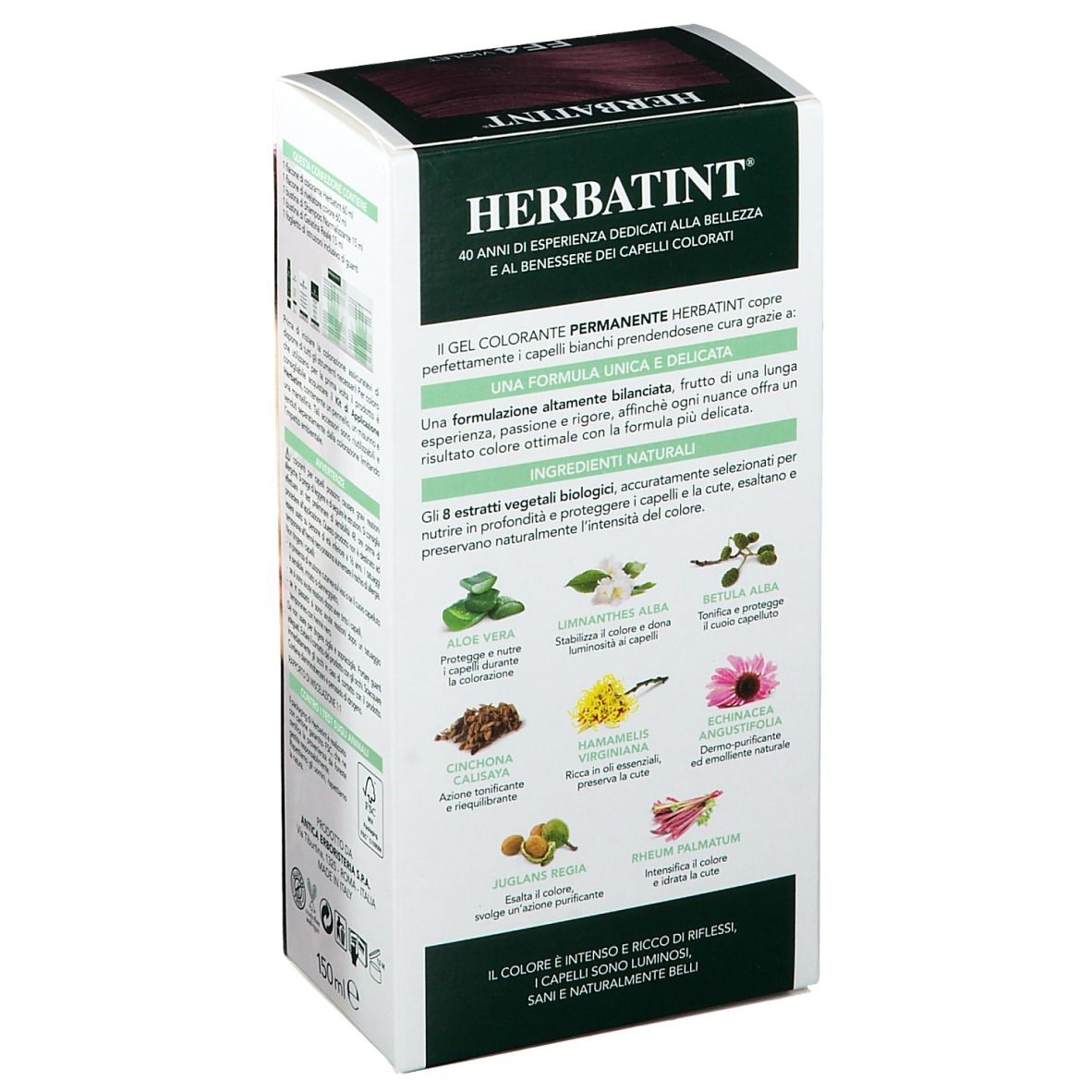 Retro della confezione di tintura per capelli HERBATINT®. Testo e illustrazioni degli ingredienti. Informazioni sull'uso e sugli ingredienti.
