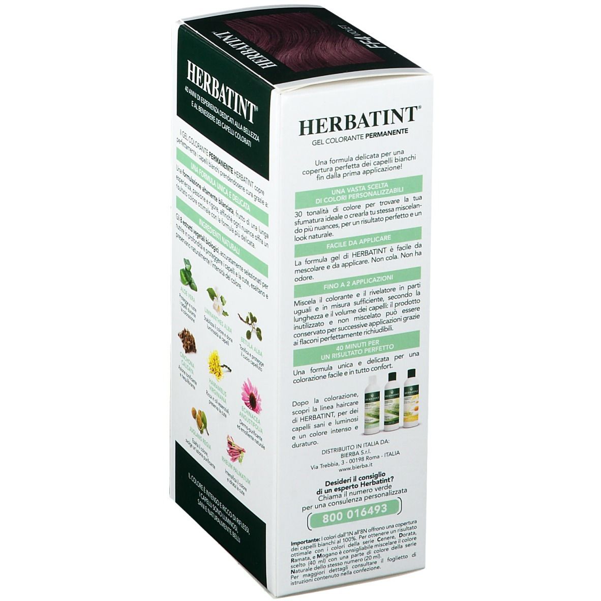 Retro della confezione di tintura per capelli HERBATINT®. Testo e illustrazioni degli ingredienti. Informazioni sull'uso e sugli ingredienti.