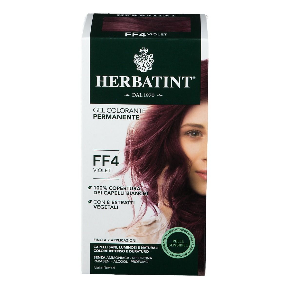 Confezione HERBATINT® FFS Violet. Immagine del prodotto e testo. Informazioni sulla copertura dei capelli bianchi e ingredienti.
