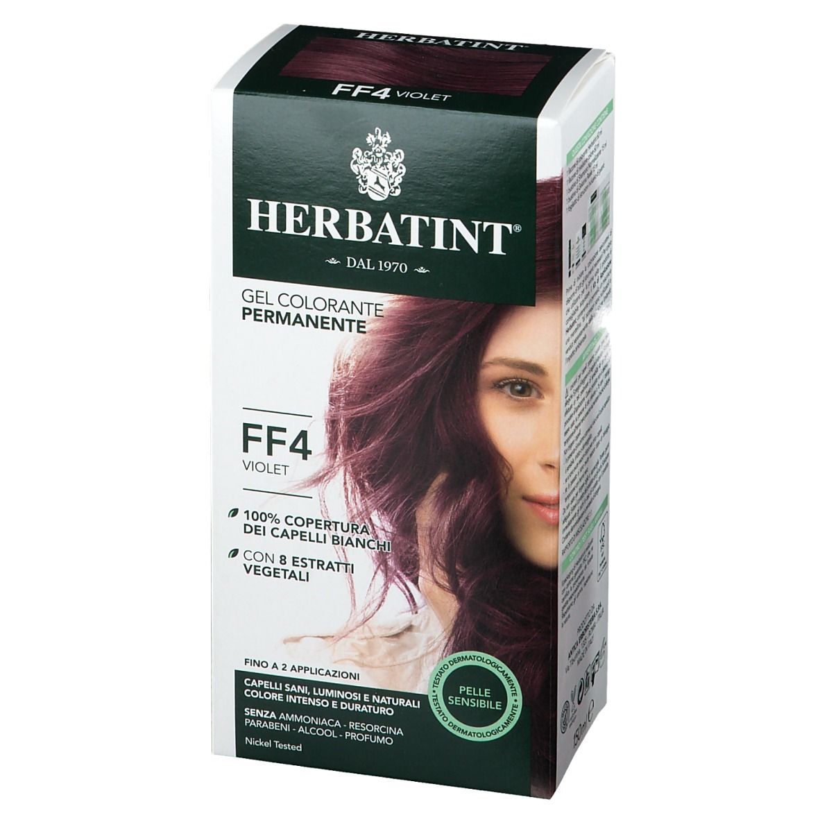 Confezione HERBATINT® FFS Violet. Immagine del prodotto e testo. Informazioni sulla copertura dei capelli bianchi e ingredienti.