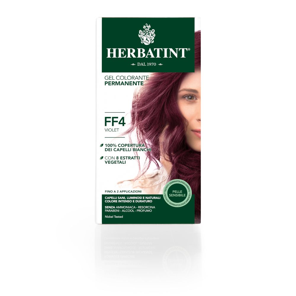 Confezione HERBATINT® FFS Violet. Immagine del prodotto e testo. Informazioni sulla copertura dei capelli bianchi e ingredienti.