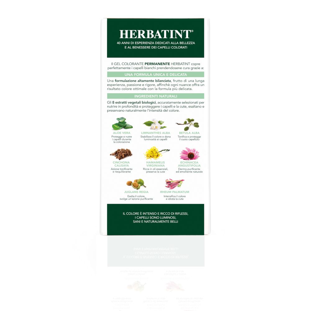 Retro della confezione di tintura per capelli HERBATINT®. Testo e illustrazioni degli ingredienti. Informazioni sull'uso e sugli ingredienti.