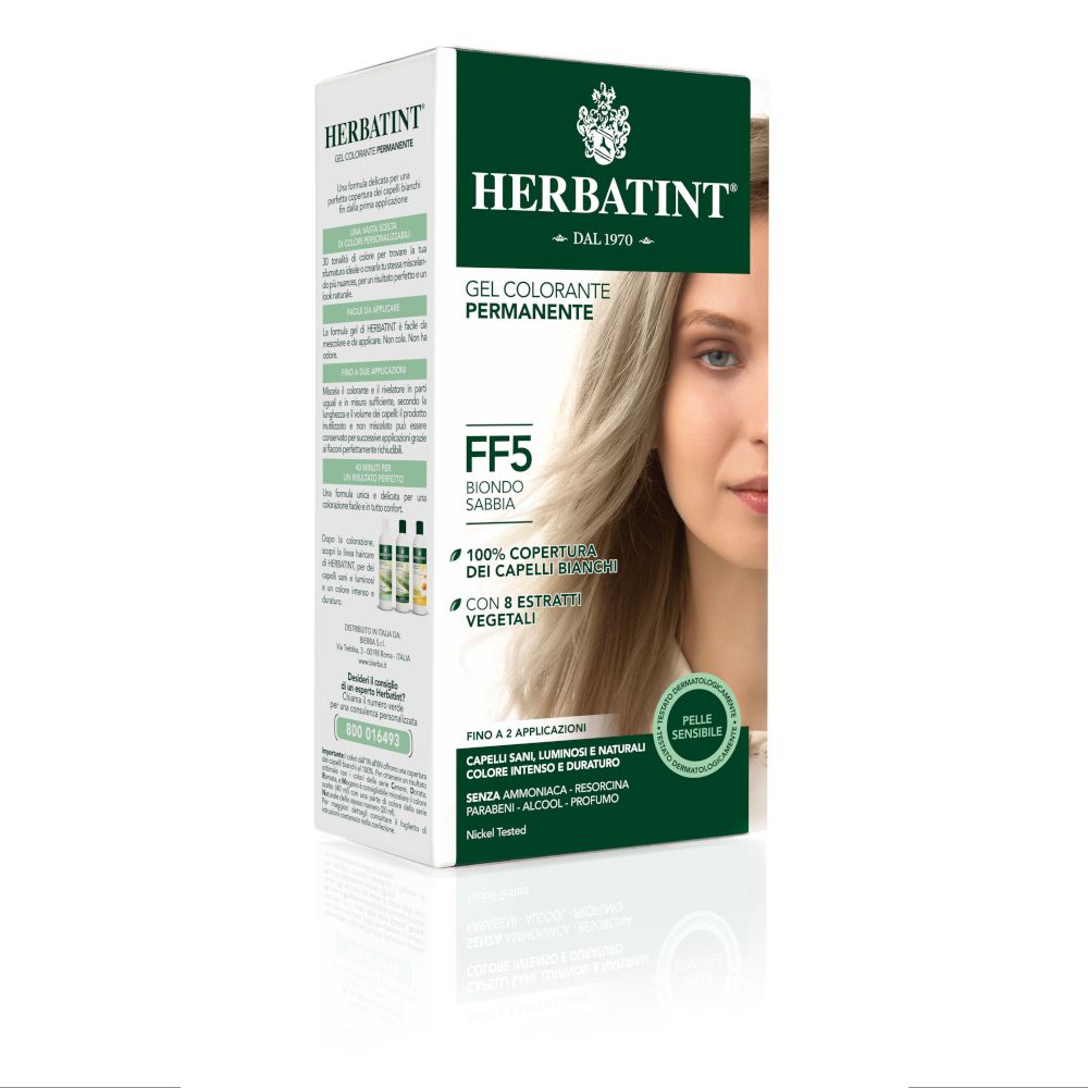 Confezione di gel colorante permanente HERBATINT® FF5 Blond. Capelli biondi sulla confezione. Testo: Gel Colorante Permanente.