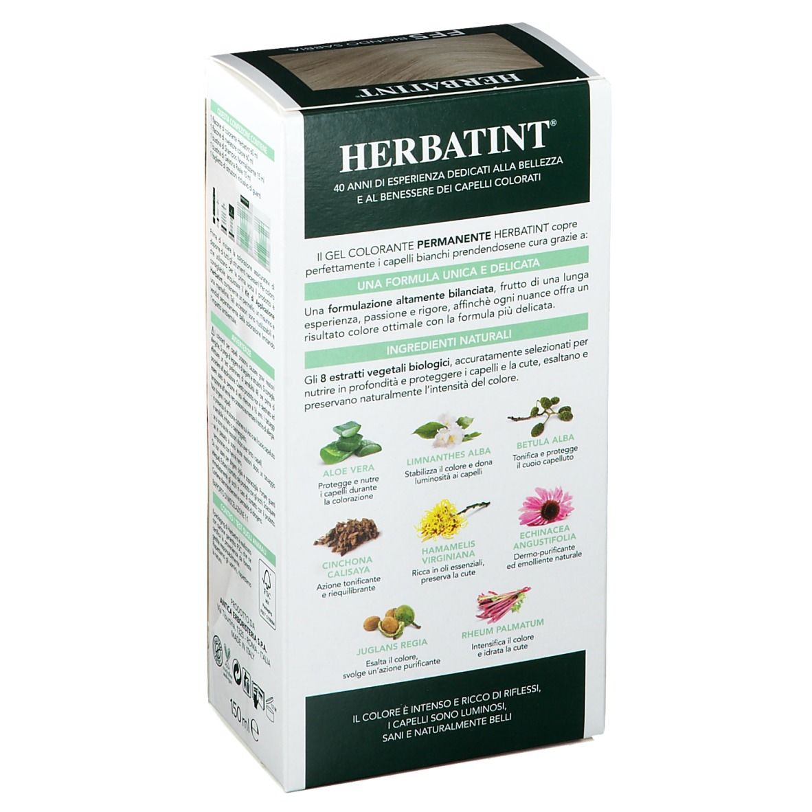 Retro della confezione HERBATINT® FF5 Blond. Informazioni sul prodotto e ingredienti. Testo: Gel Colorante Permanente.