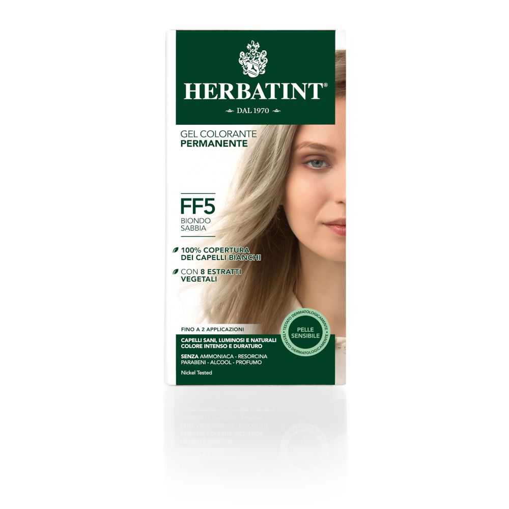 Confezione di gel colorante permanente HERBATINT® FF5 Blond. Capelli biondi sulla confezione. Testo: Gel Colorante Permanente.
