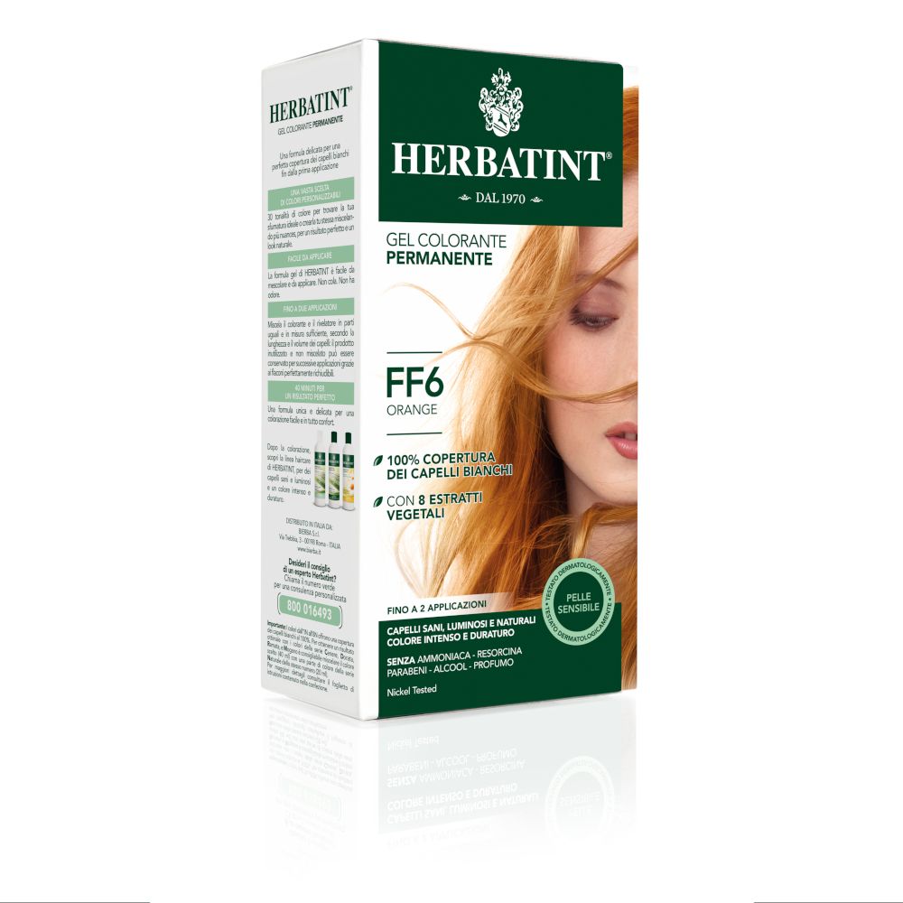 HERBATINT® FF6 Orange. Gel colorante permanente. Confezione con donna e capelli arancioni.