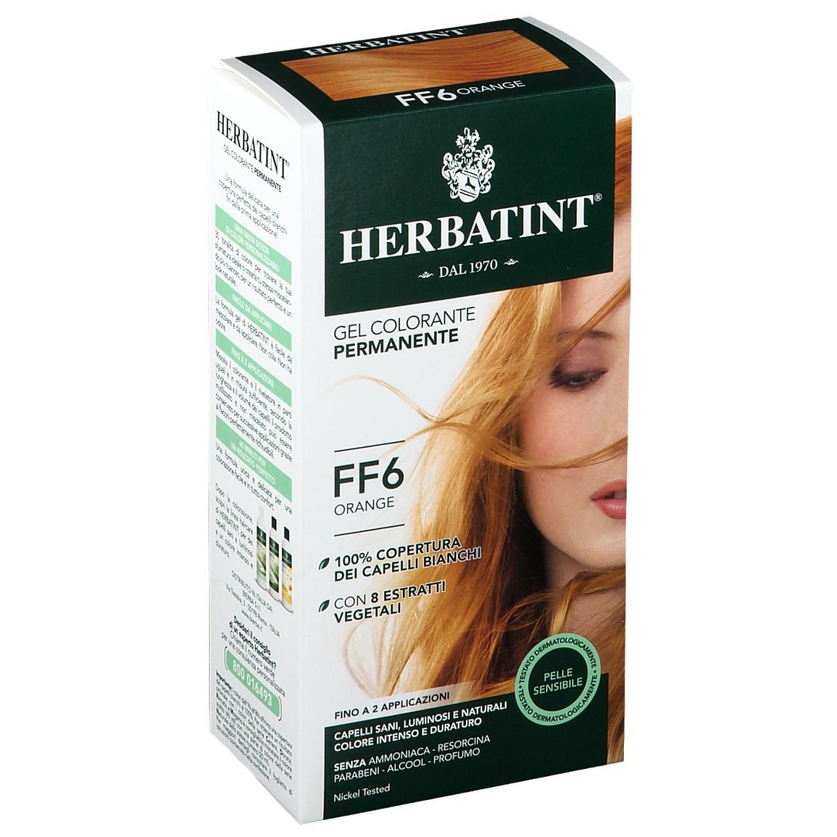 HERBATINT® FF6 Orange. Gel colorante permanente. Confezione con donna e capelli arancioni.