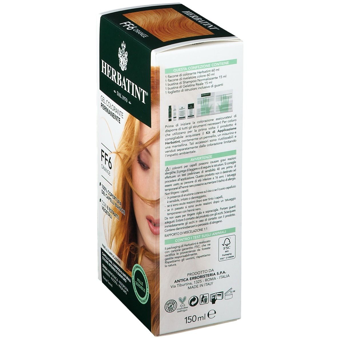 Confezione HERBATINT. Retro con informazioni e ingredienti. 150ml.