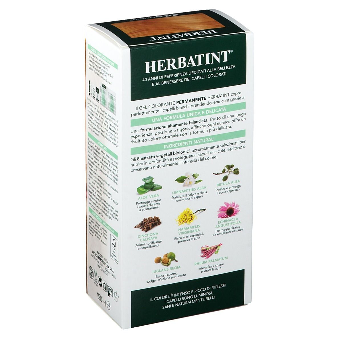 Confezione HERBATINT. Retro con ingredienti e informazioni. Gel colorante permanente.