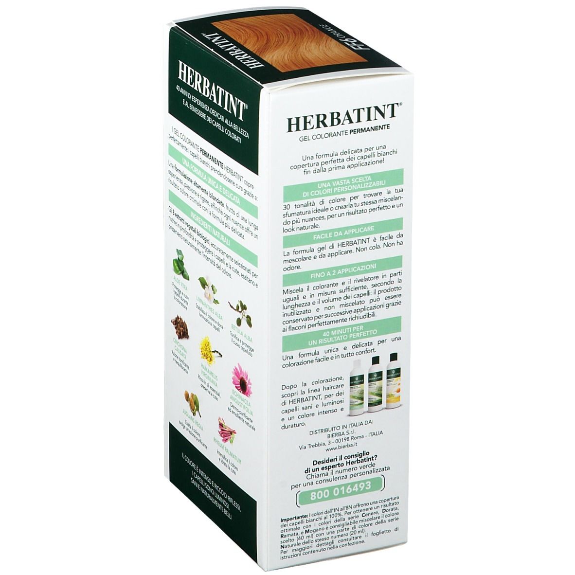 Confezione HERBATINT. Retro con informazioni e ingredienti. Gel colorante permanente.