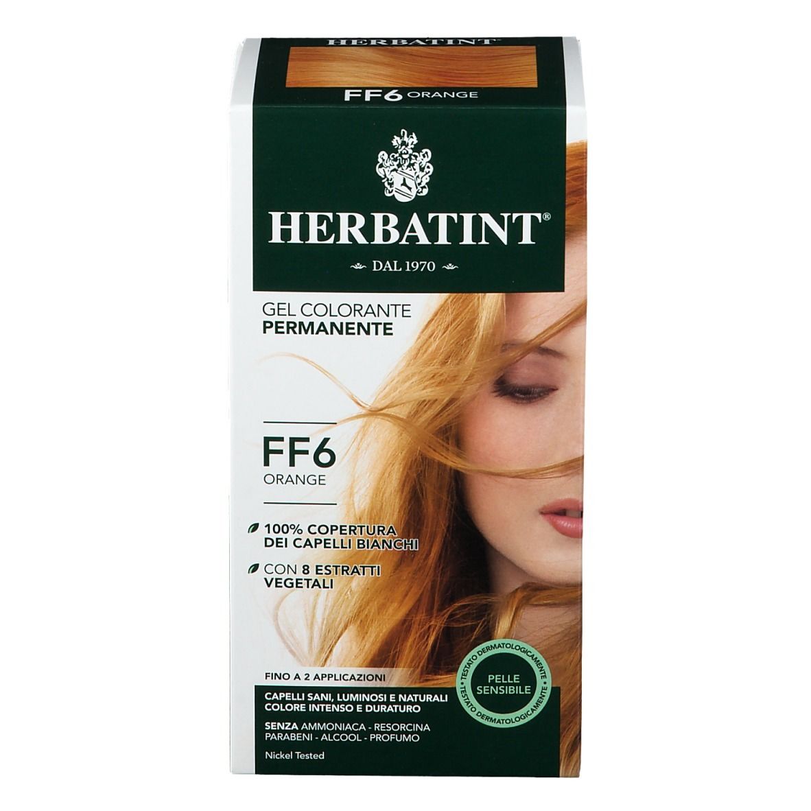 HERBATINT® FF6 Orange. Gel colorante permanente. Confezione con donna e capelli arancioni.