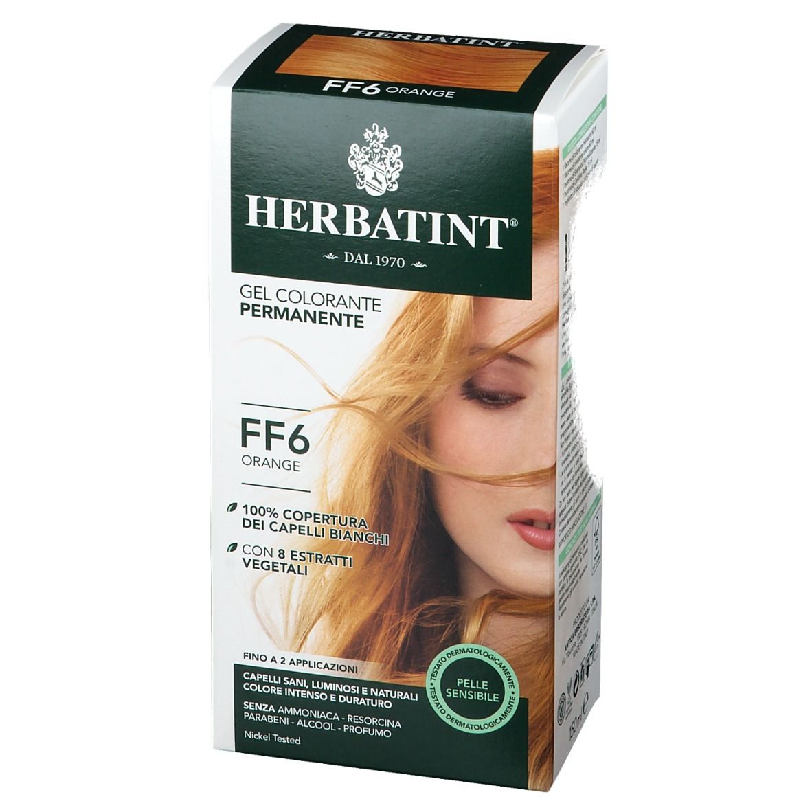 HERBATINT® FF6 Orange. Gel colorante permanente. Confezione con donna e capelli arancioni.