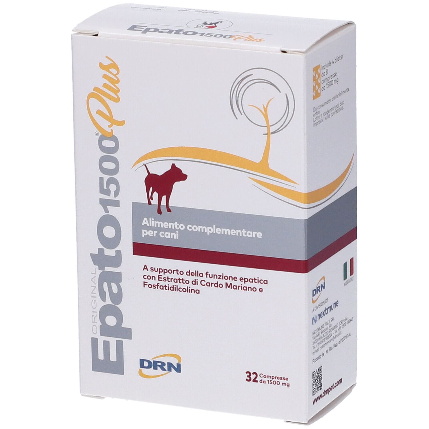 Scatola bianca con nome e logo del prodotto. Contiene 32 compresse. Testo: 'Alimento complementare per cani'.