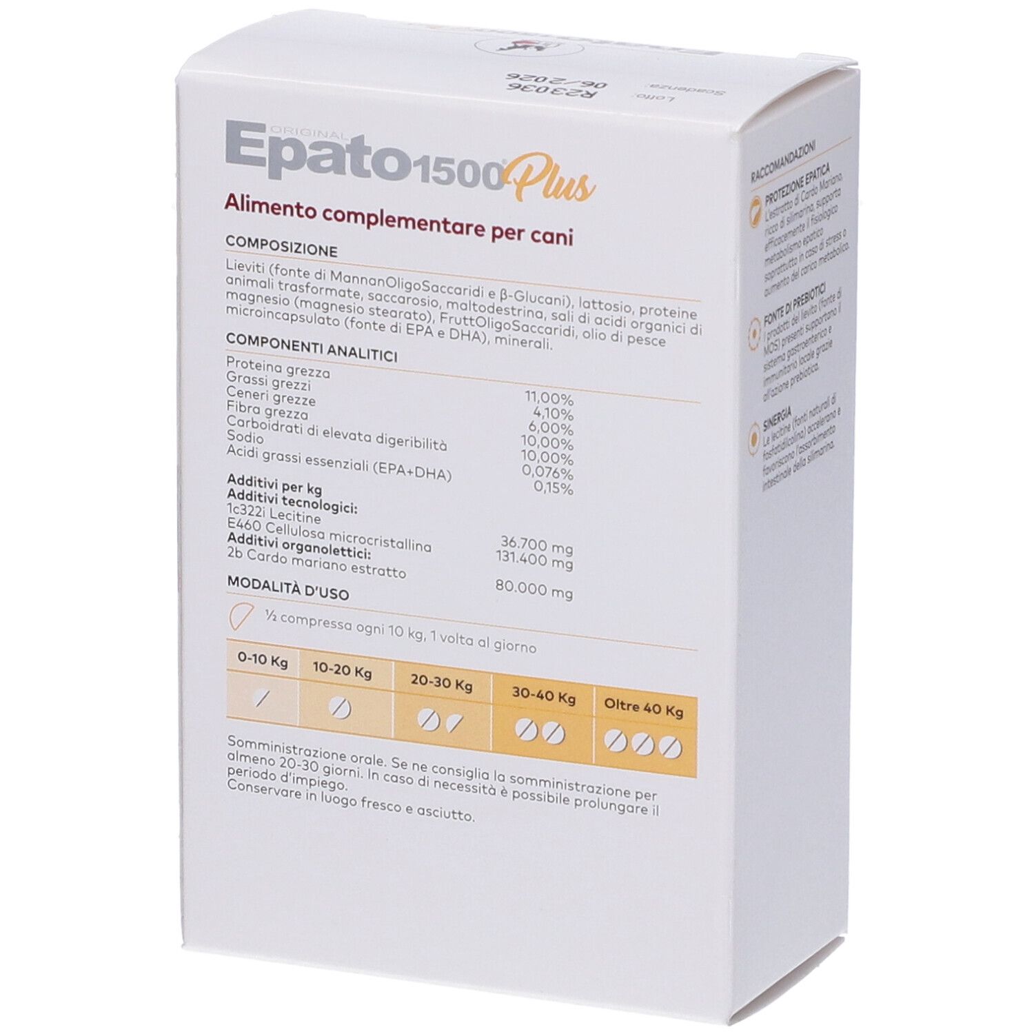 Scatola bianca con informazioni sul prodotto. Contiene ingredienti, analisi e istruzioni. 'Epato 1500 Plus'.