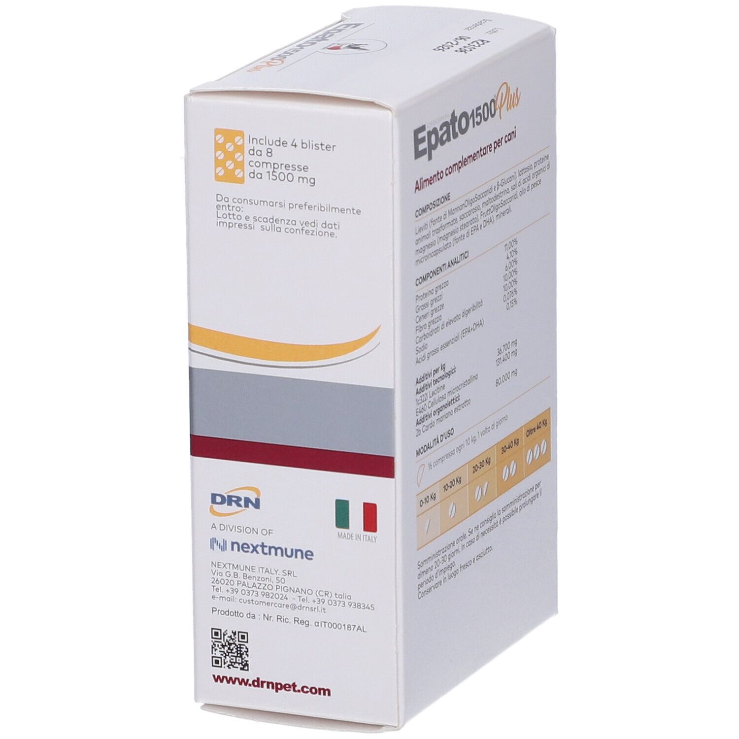 Scatola bianca con informazioni sul prodotto. Contiene ingredienti, analisi e istruzioni. 'Epato 1500 Plus'.