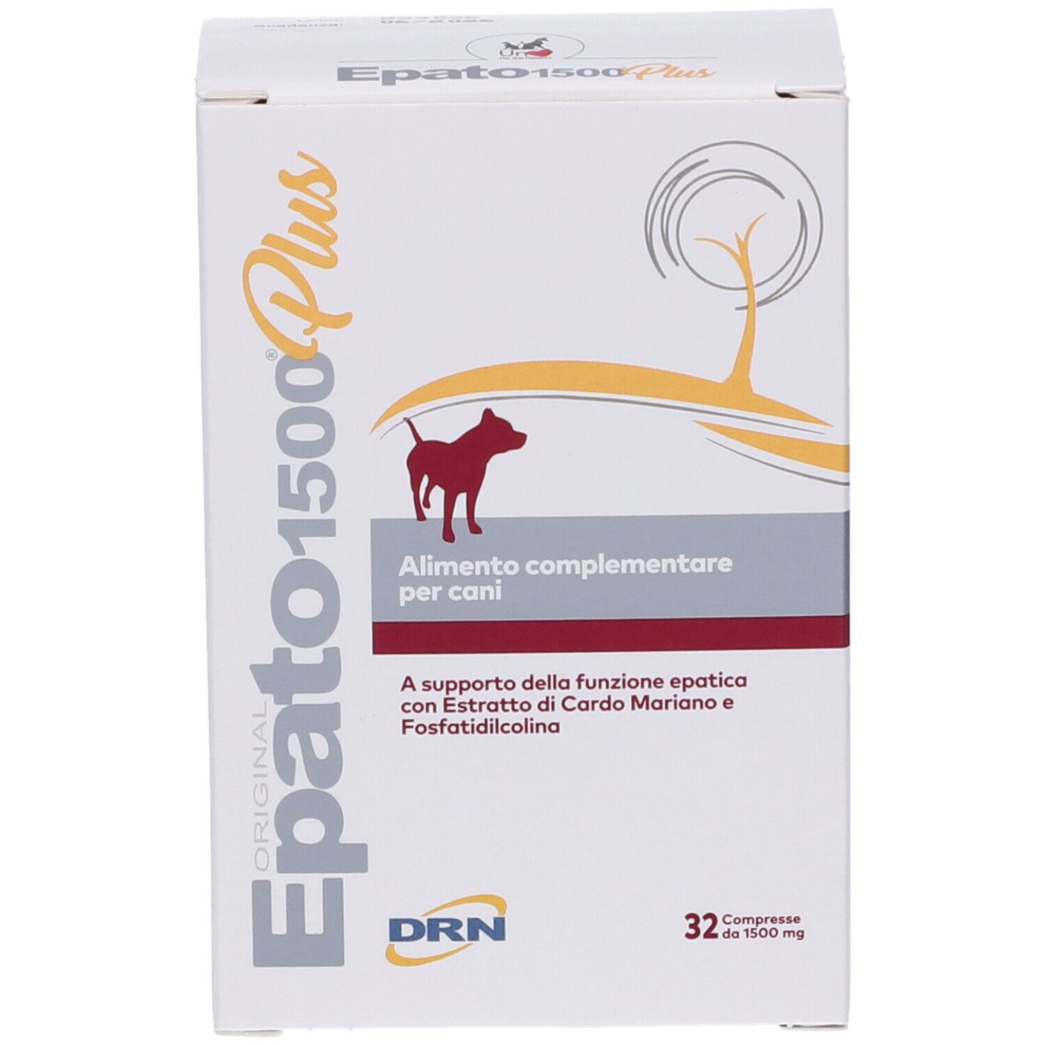 Scatola bianca con nome e logo del prodotto. Contiene 32 compresse. Testo: 'Alimento complementare per cani'.