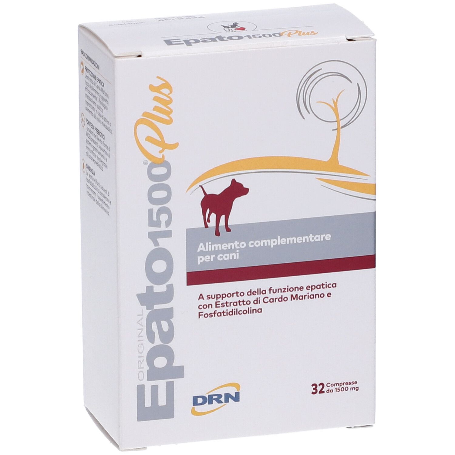 Scatola bianca con nome e logo del prodotto. Contiene 32 compresse. Testo: 'Alimento complementare per cani'.